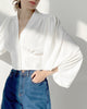 Women’s V-Neck Lantern Sleeve Blouse with Fitted Waist and Button Detail