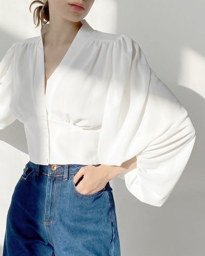 Women’s V-Neck Lantern Sleeve Blouse with Fitted Waist and Button Detail