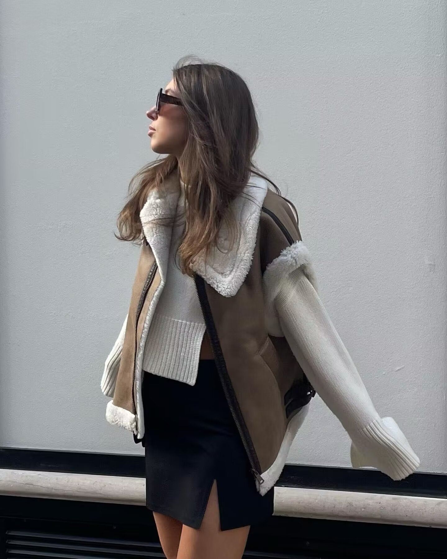 Faux suede fleece lined sleeveless vest jacket