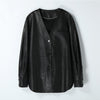 Women’n Leather Jacket Black V-Neck Wide Fit Mid-Length