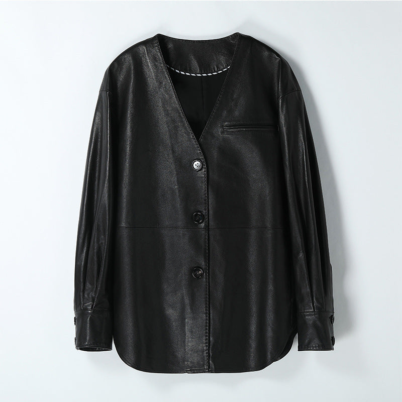 Women’n Leather Jacket Black V-Neck Wide Fit Mid-Length