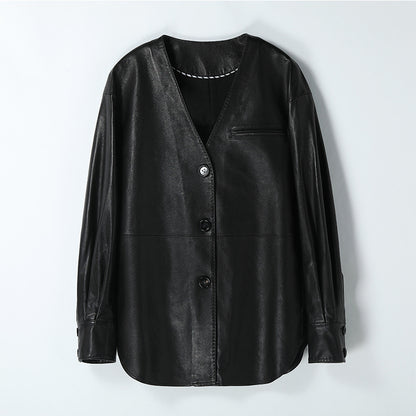 Women’n Leather Jacket Black V-Neck Wide Fit Mid-Length