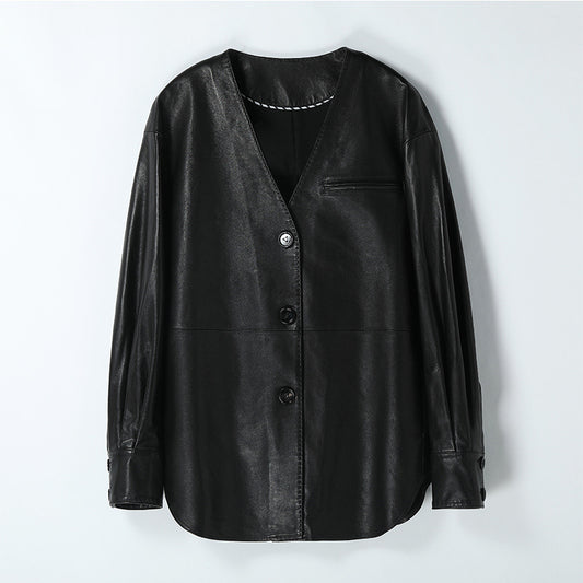 Women’n Leather Jacket Black V-Neck Wide Fit Mid-Length
