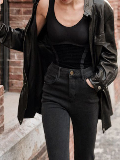Women’s Leather Moto Trench Coat with Waist Cinch and Buckle Collar