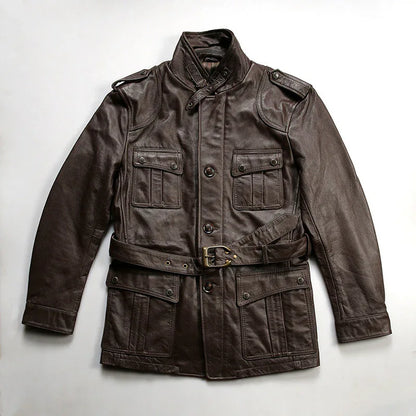 Men Brown Belted Leather Hunting Jacket