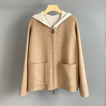 Women Cashmere Wool Hooded Sweater Zip Front Knitted Cardigan