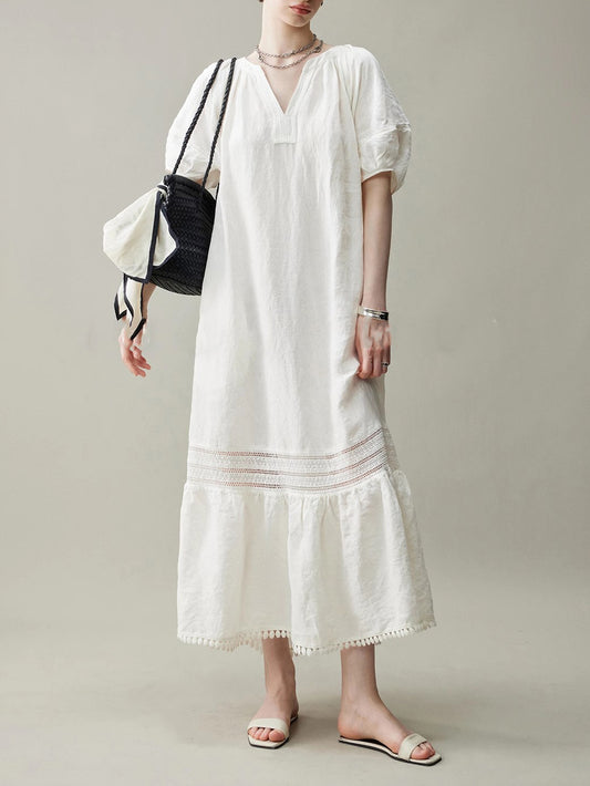 White linen loose lace midi sundress 1 XS
