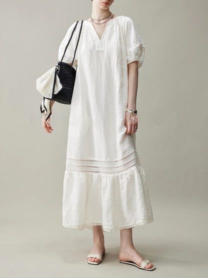 White linen loose lace midi sundress