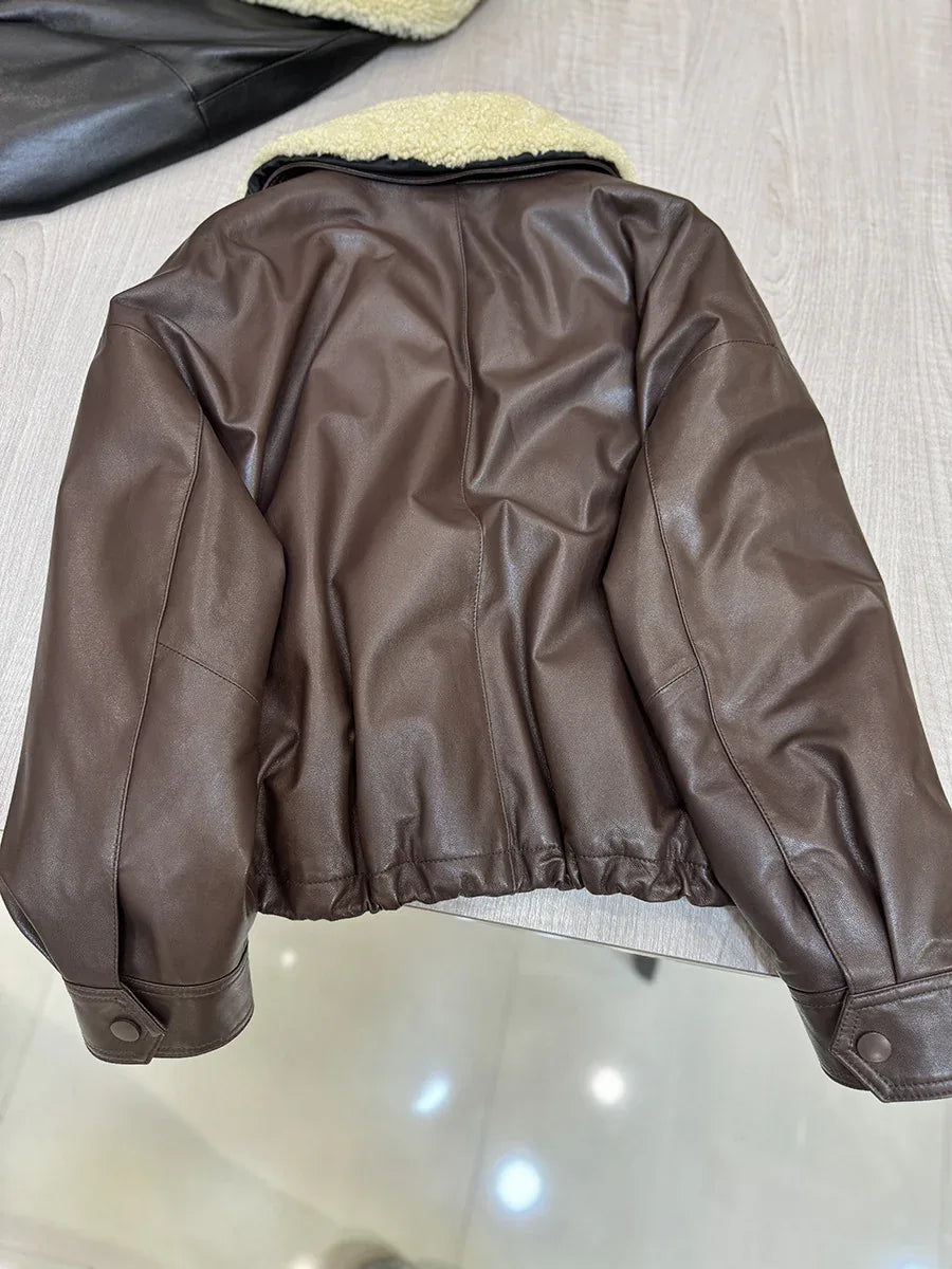 Leather bomber jacket for women with wool fur collar