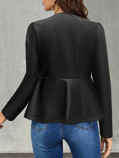 Black Faux Leather Peplum Jacket for Women