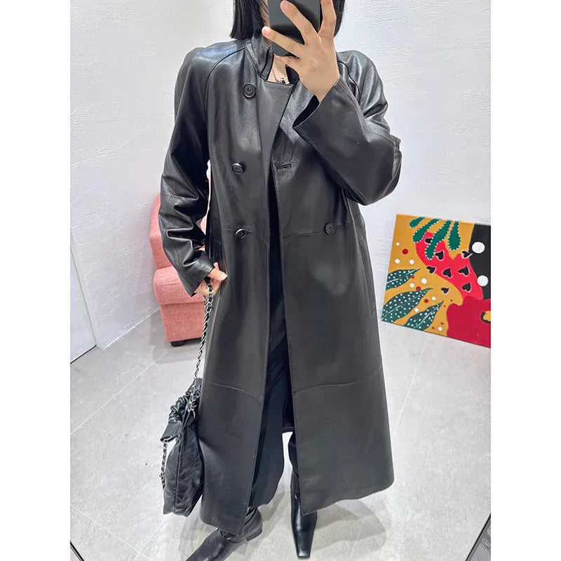 Women sheepskin leather trench coat long belt - Boho Living Room