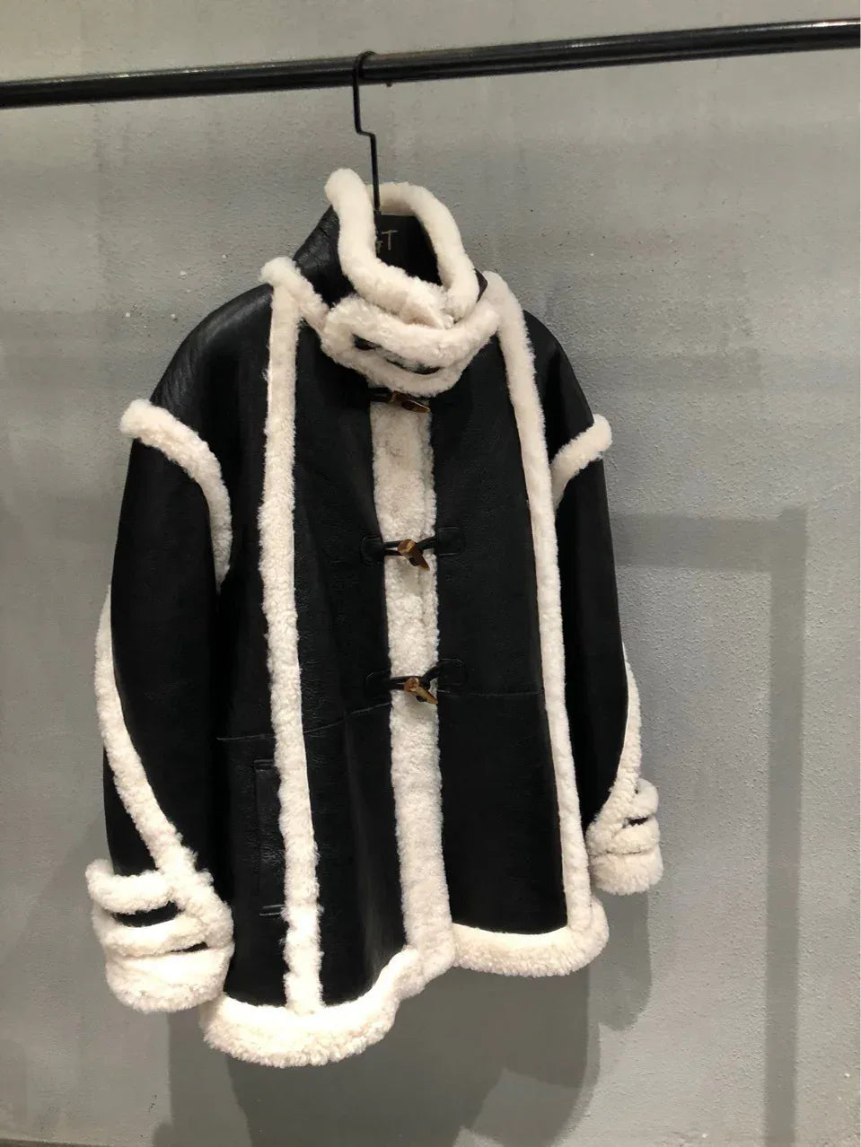 Shearling Leather Bomber Jacket With Fur Collar