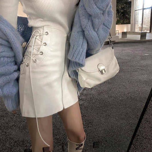 Leather Mini Skirt  High Waist  Front Lace-Up