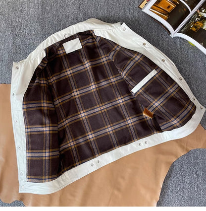 White Genuine Leather Causal Jacket for Men Retro Lapel