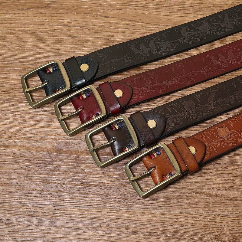 Men’s Engraved Leather Belt with Top-Grain Cowhide and Brass Buckle
