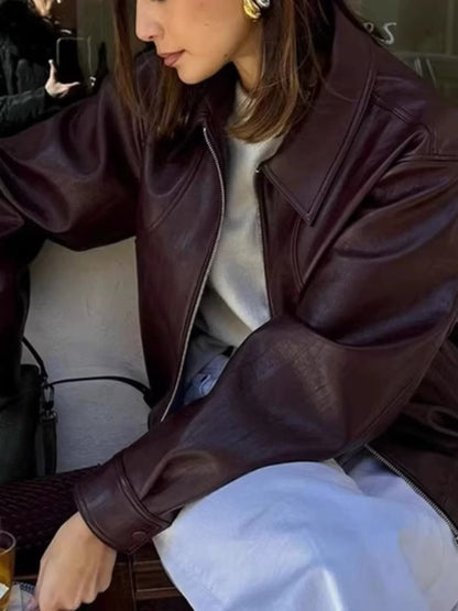 Women Faux Leather Wide Lapel Bomber Jacket