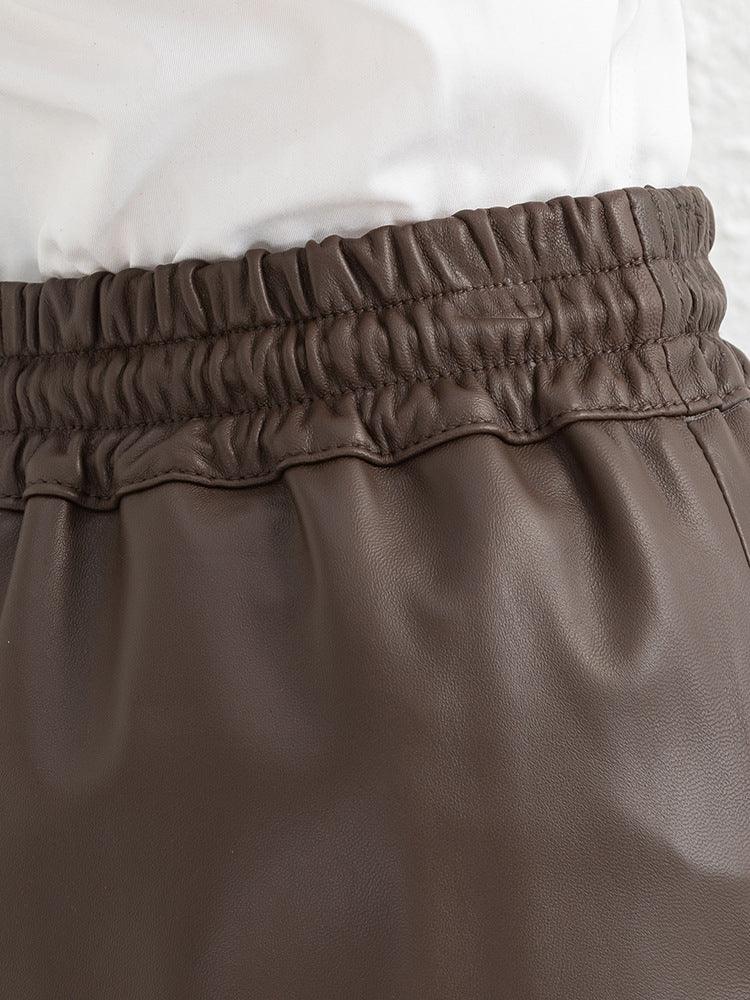 Brown sheepskin elastic waist leather short skirt