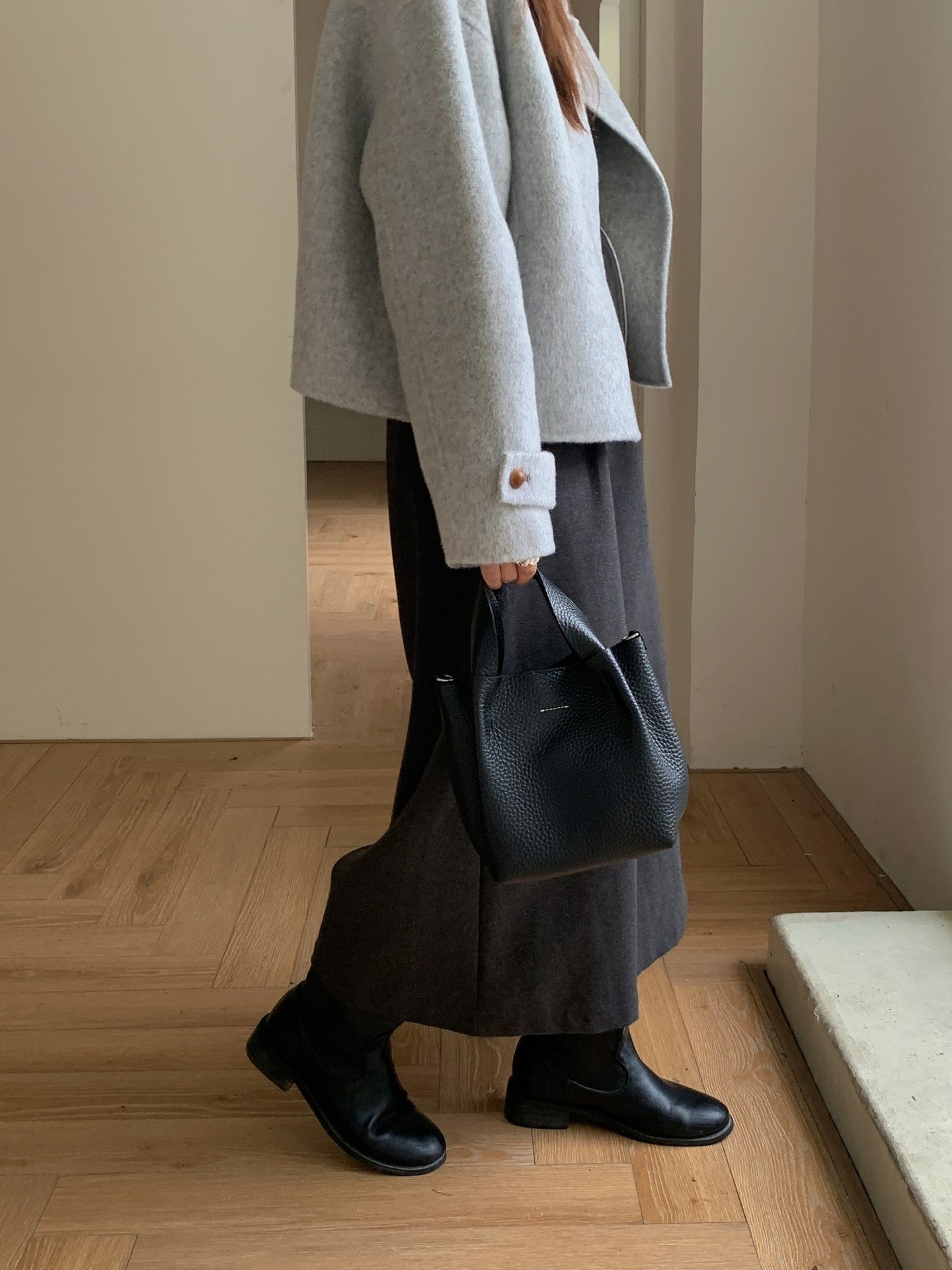 Leather basket bucket bag women cowhide