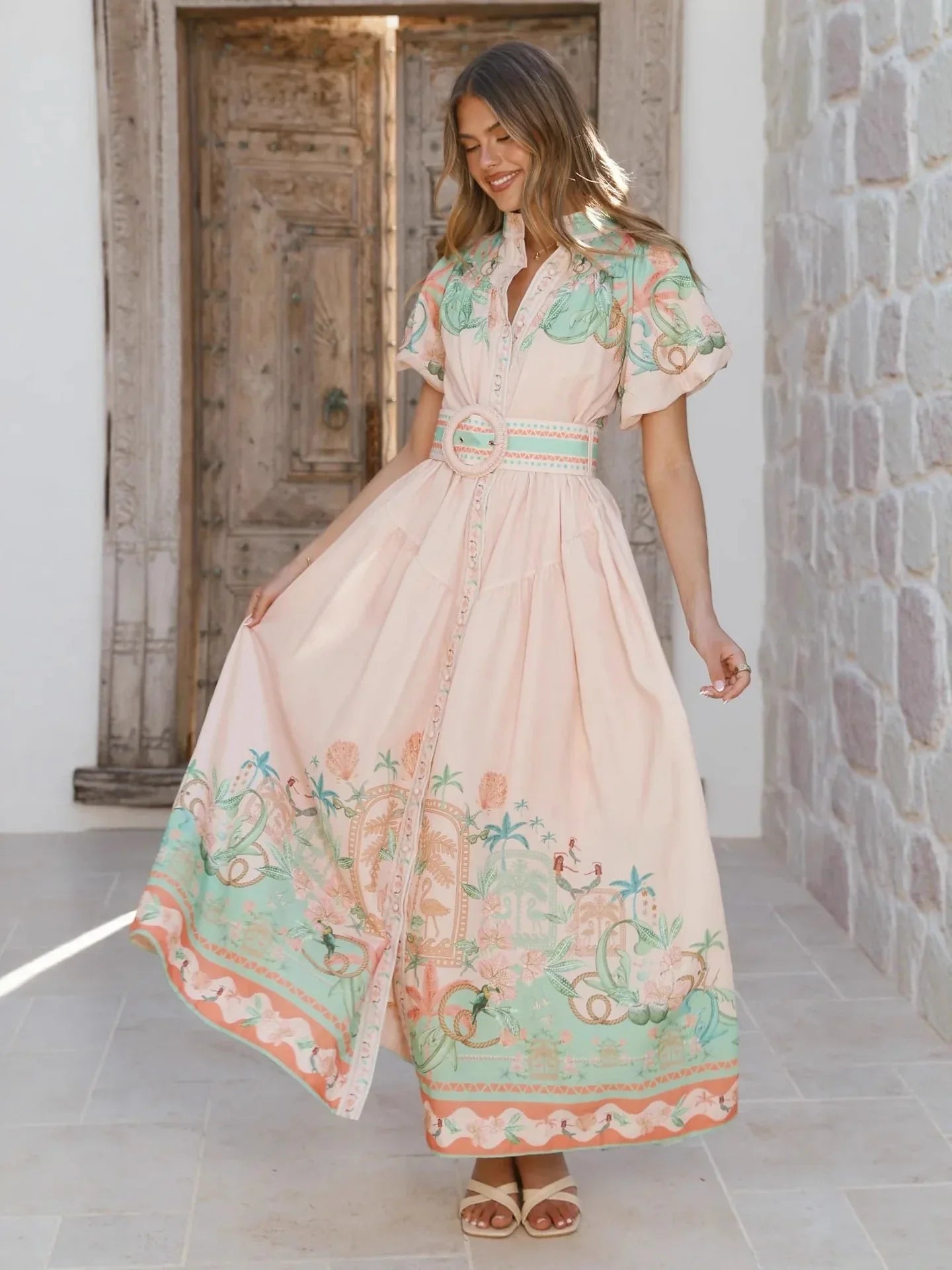 Floral linen belted button front summer maxi