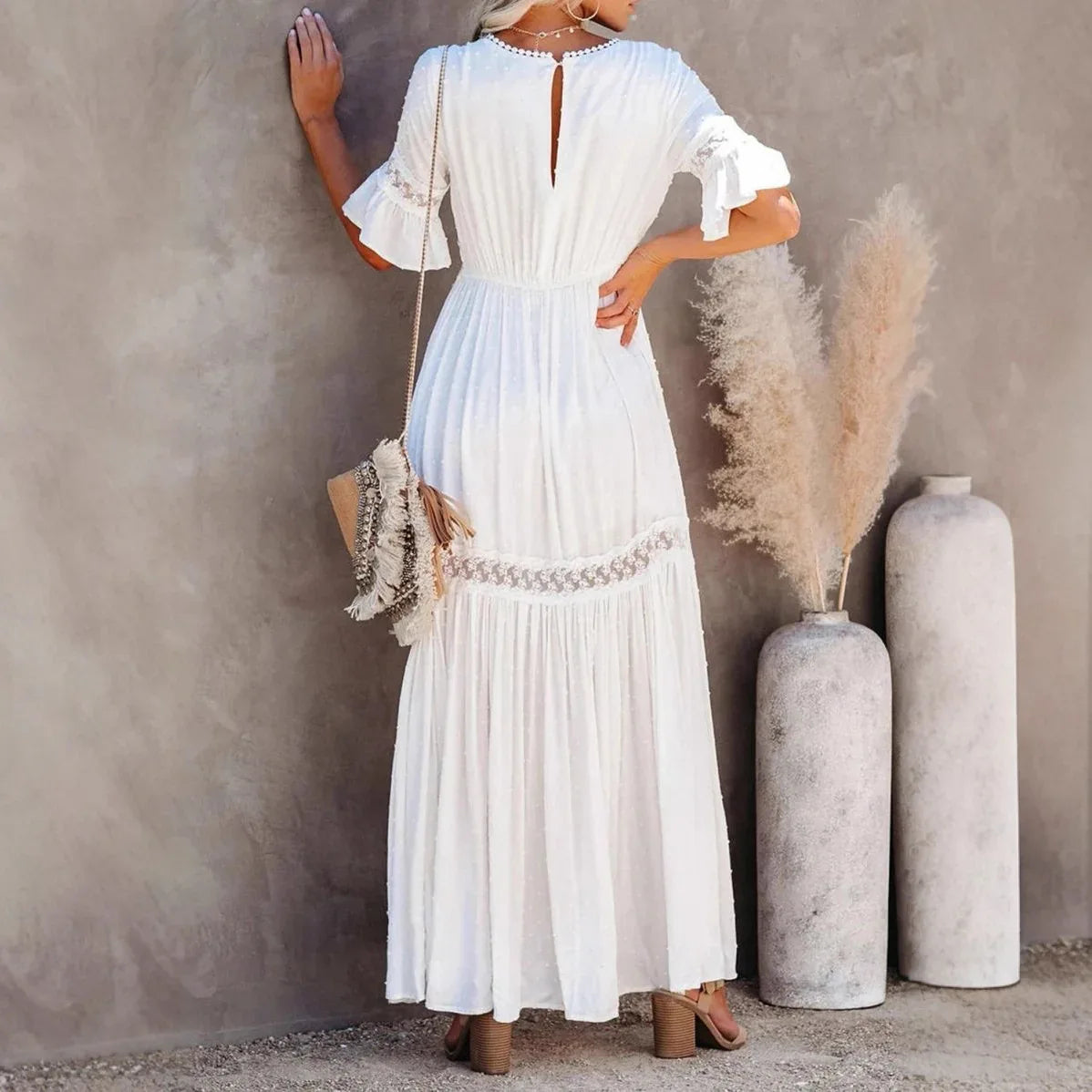 White v-neck lace trim maxi dress with short sleeves