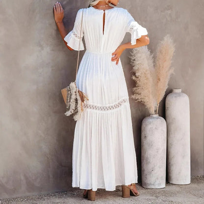 White v-neck lace trim maxi dress with short sleeves