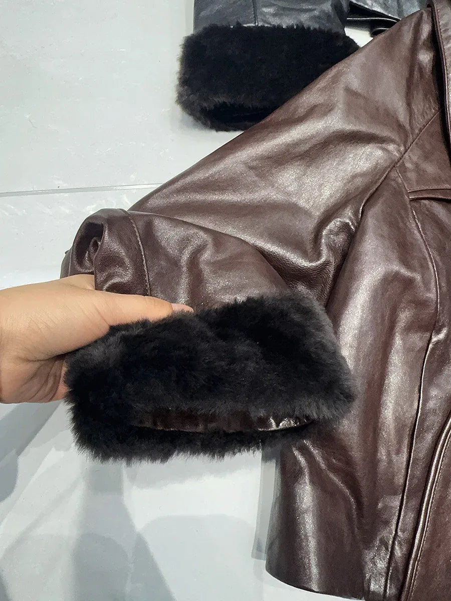 Genuine waxed sheepskin leather jacket with fur