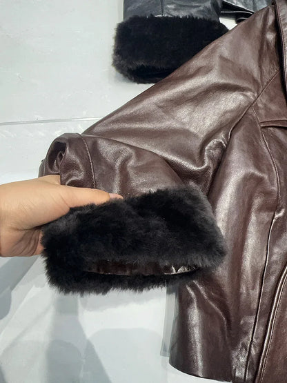 Genuine waxed sheepskin leather jacket with fur
