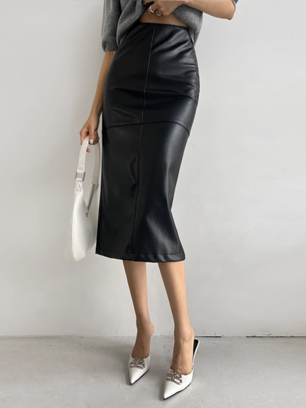 High waist pu leather midi skirt for women