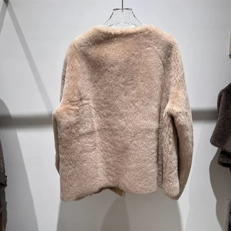 Women Leather Real Fur Coat Short Shearling Round Neck Jacket