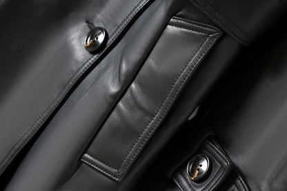 Women Leather Trench Coat Double-Breasted Long Belted