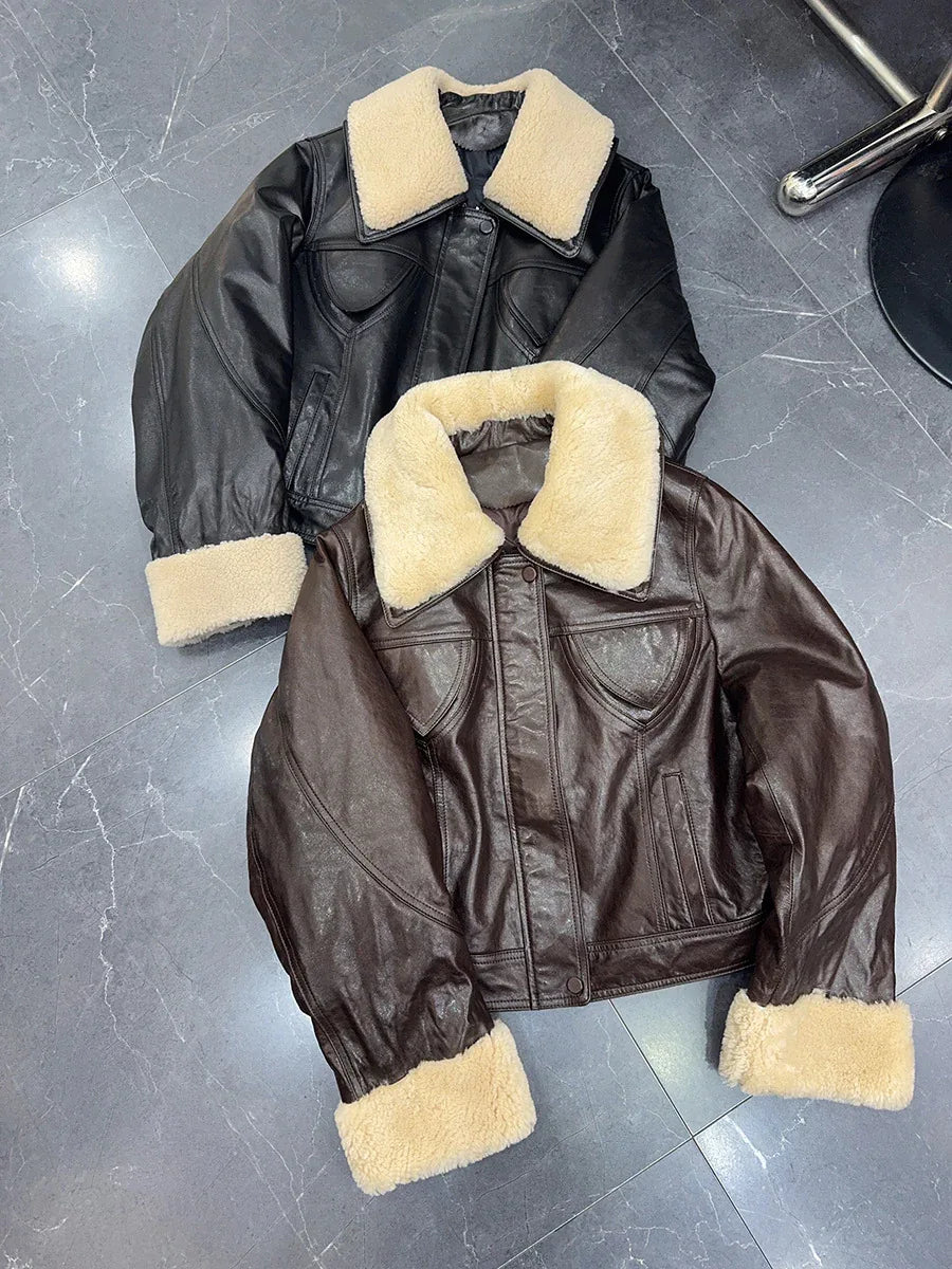Womens waxed leather down aviator bomber jacket