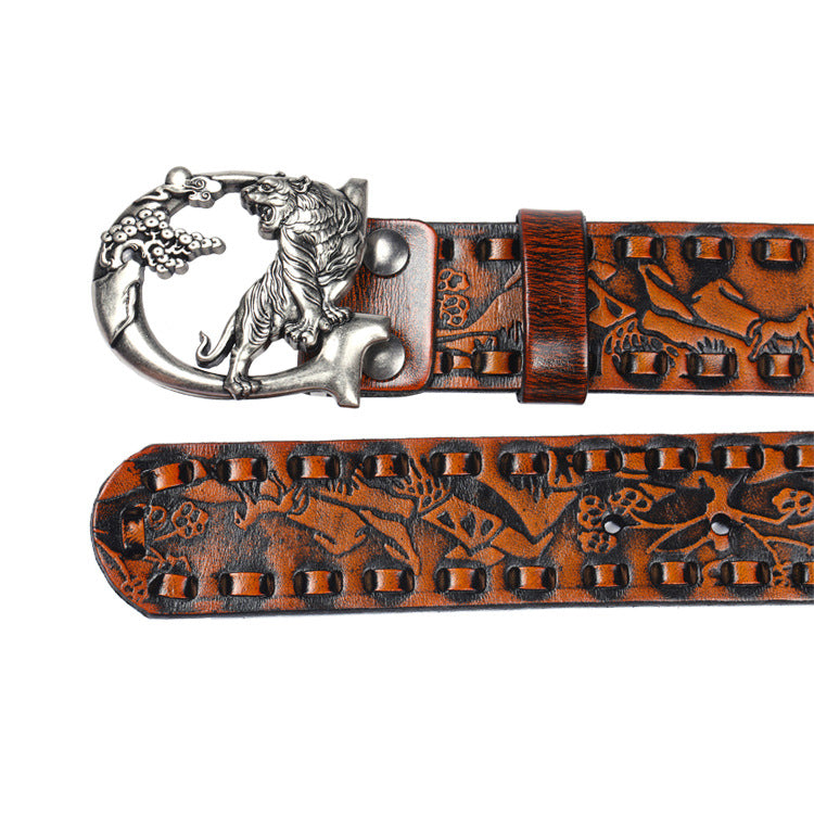 Women punk embossed leather tiger buckle belt