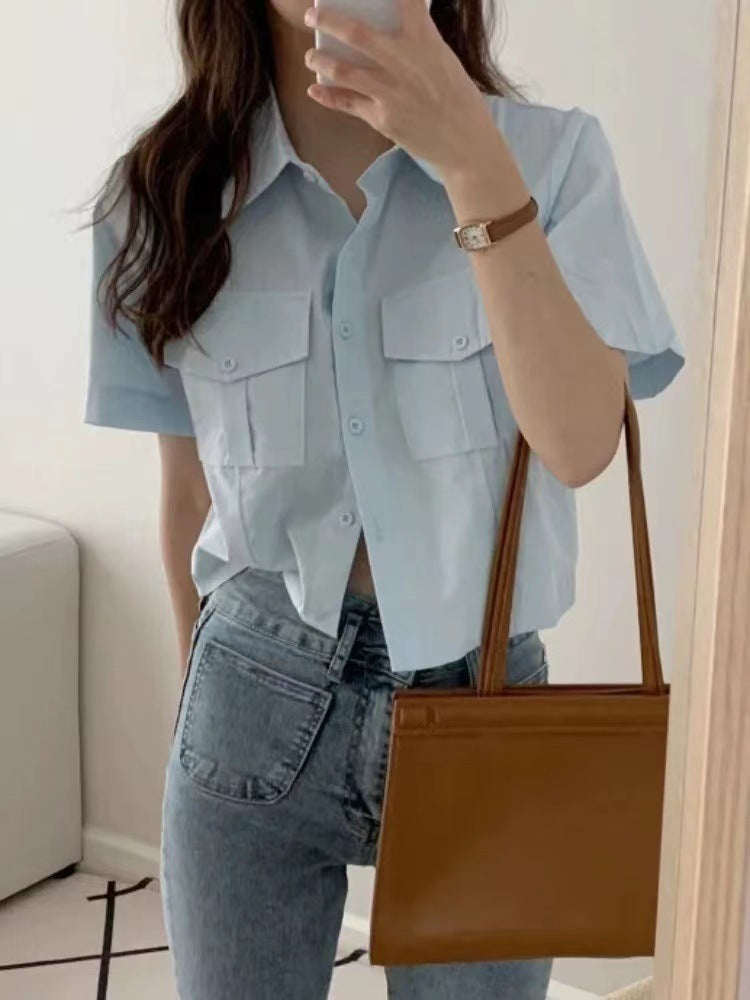Women Front Pocket Crop Shirts