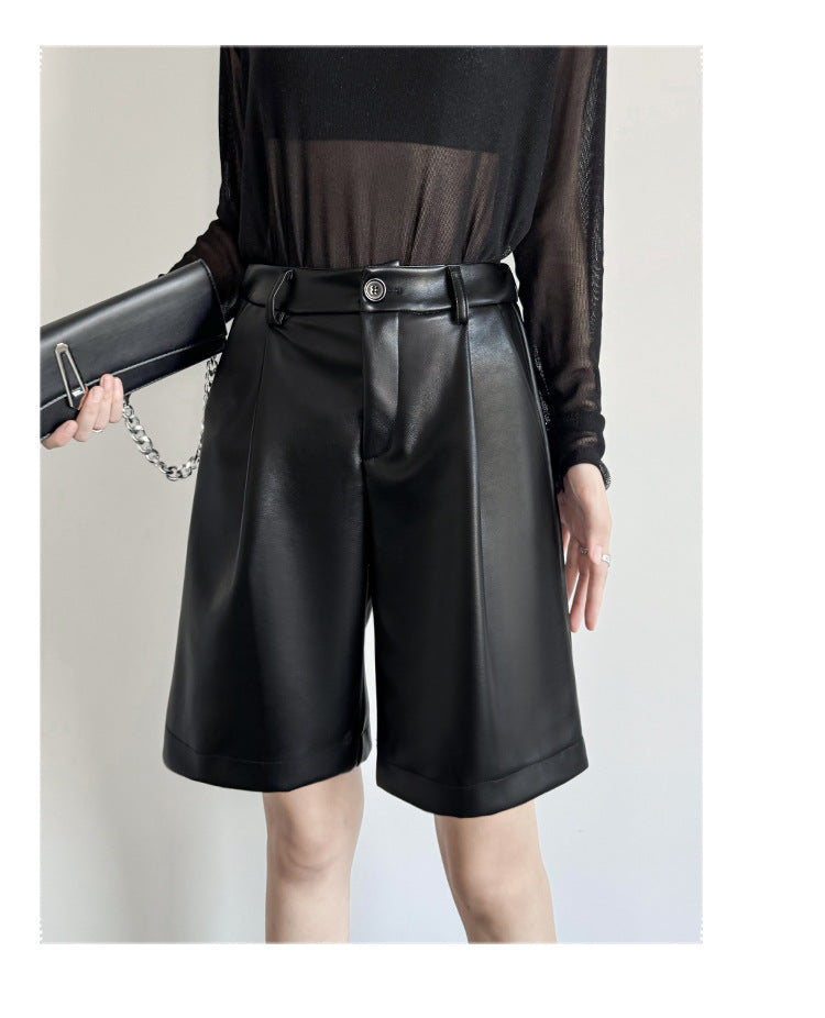 Black PU Leather Bermuda Shorts High Waisted