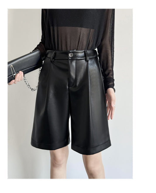 Black PU Leather Bermuda Shorts High Waisted