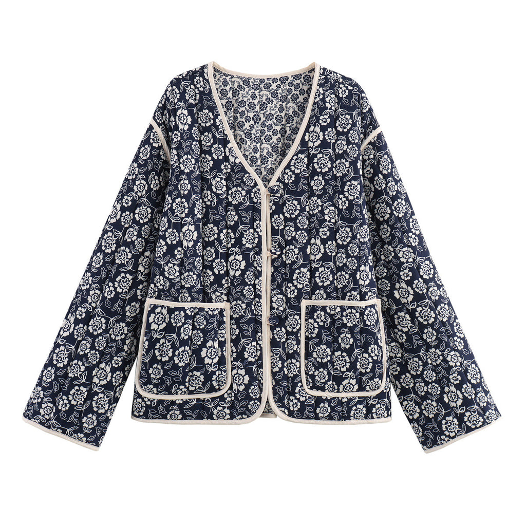 Women Floral Quilted Cotton Jacket Navy White