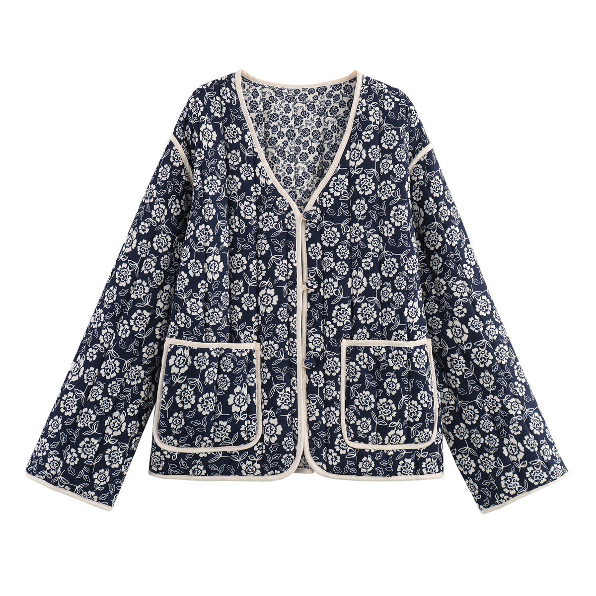 Women Floral Quilted Cotton Jacket Navy White