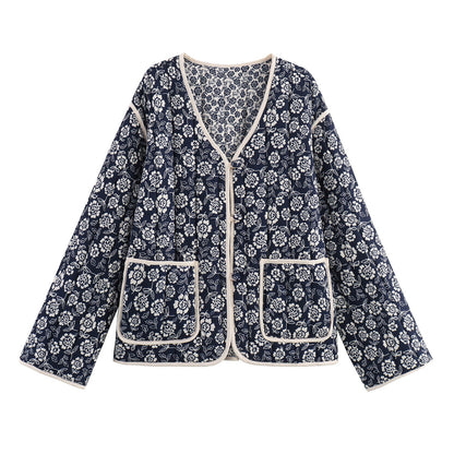 Women Floral Quilted Cotton Jacket Navy White