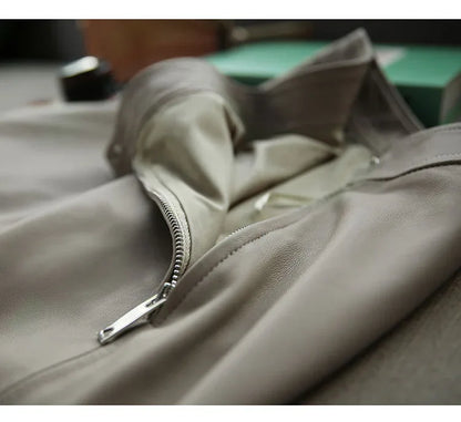 Elephant grey sheepskin midi leather skirt