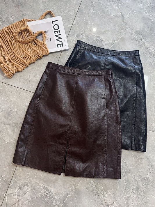 Genuine Leather Mini Skirt High Waist Slit