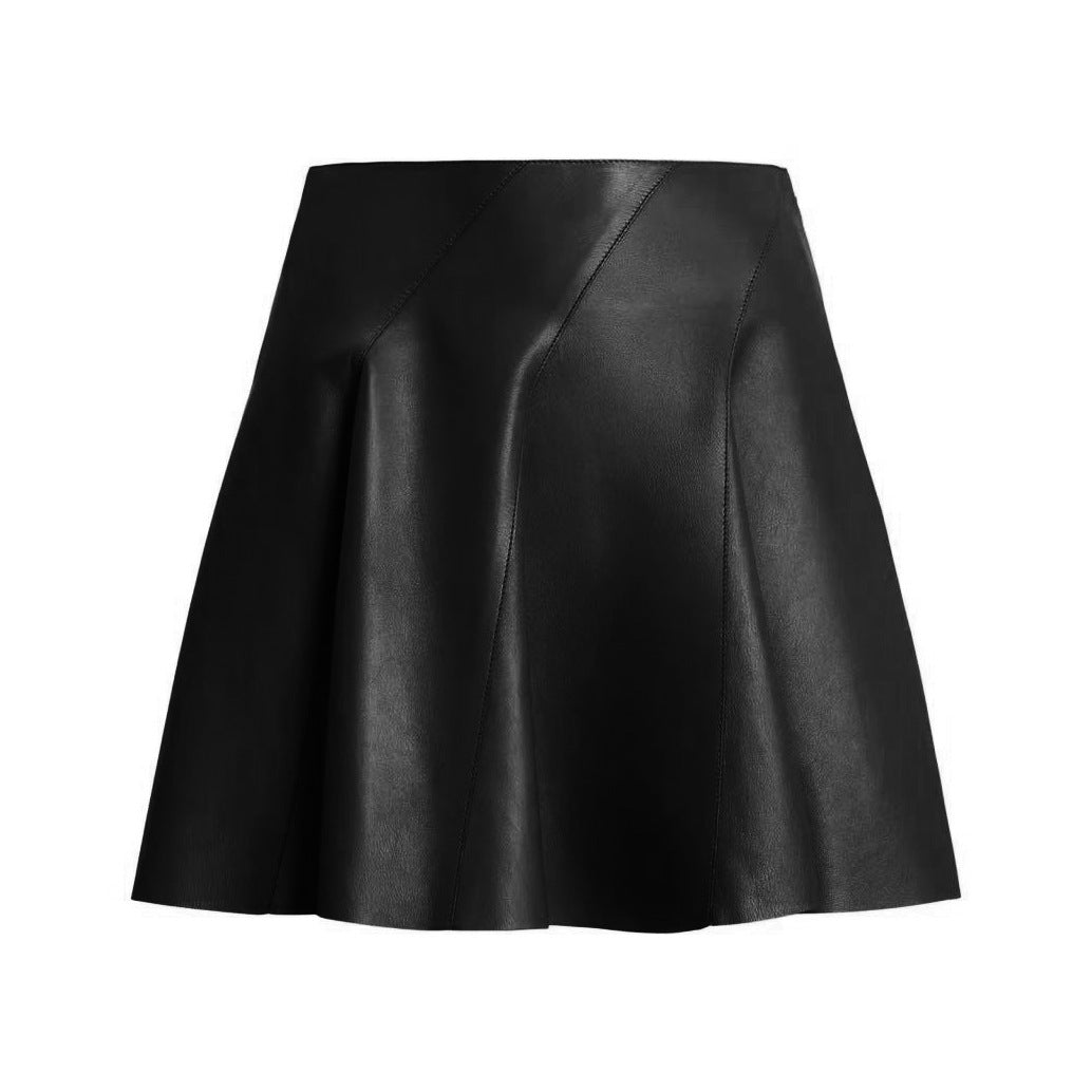 Women’s Leather Mini Skirt High Waist Pleated Umbrella Style
