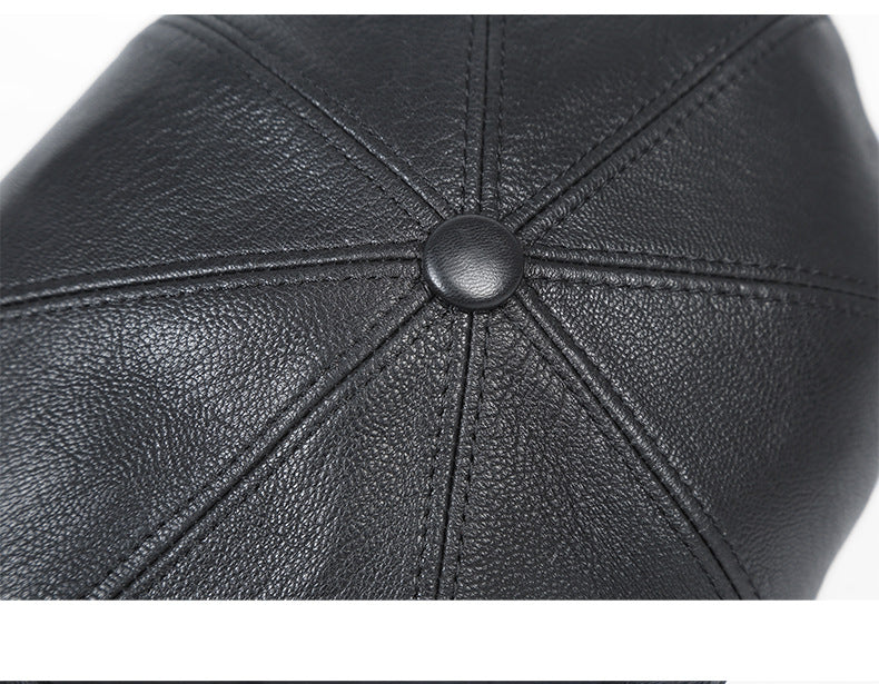 Men's leather newsboy cap with sheepskin