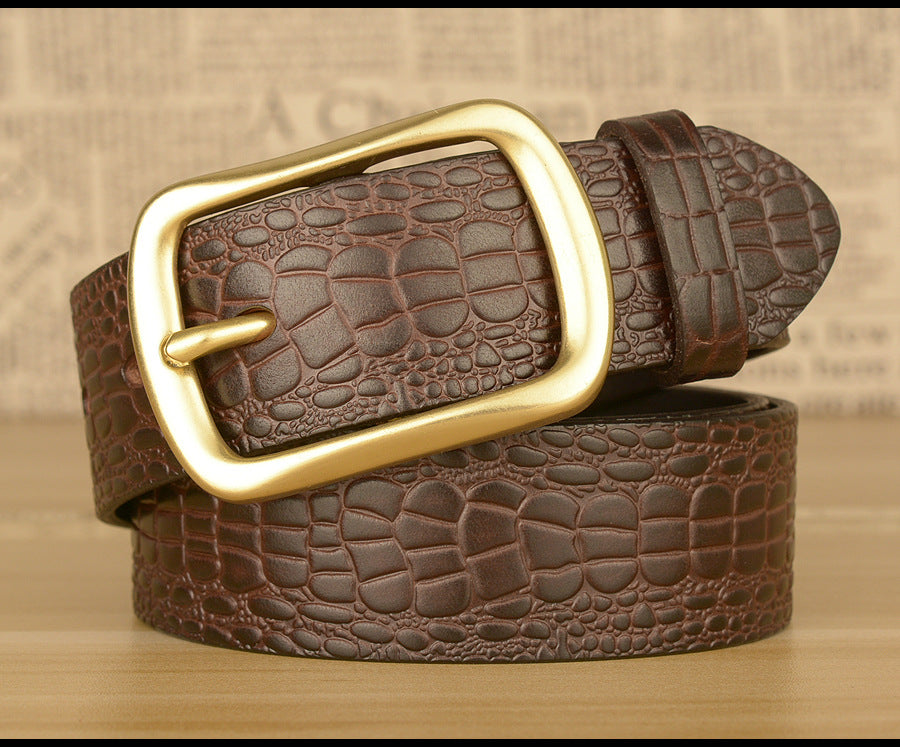 Men Leather Belt with Copper Buckle Crocodile Pattern
