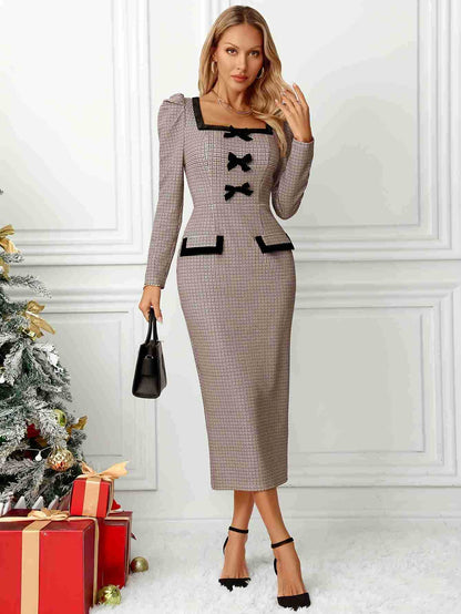 Plaid Midi Long Sleeve Dress with Bows and Square Neckline