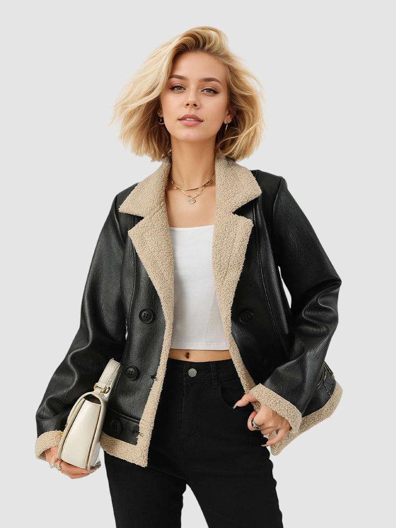 Black Faux Leather Jacket with Beige Shearling for Women