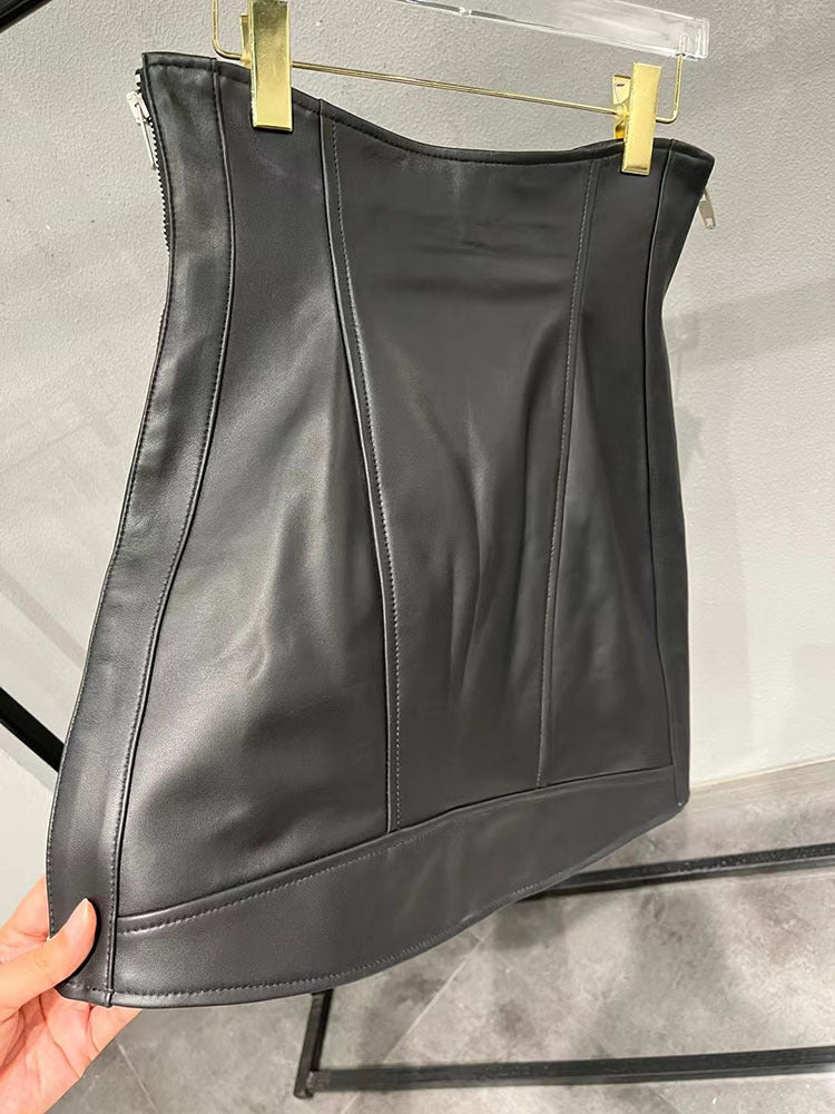 Leather Mini Skirt Black High Waisted Zip Front
