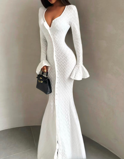 White button front bodycon maxi dress with flared cuffs