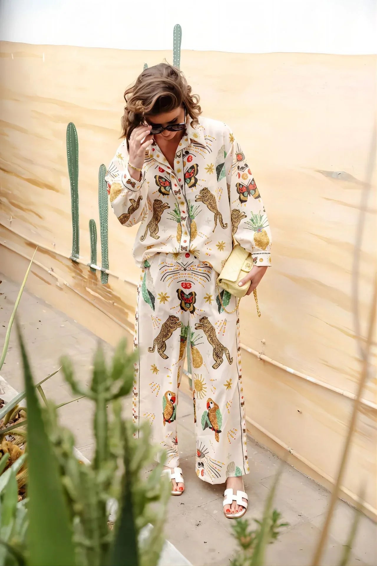 Macaron print linen coastal two piece outfit