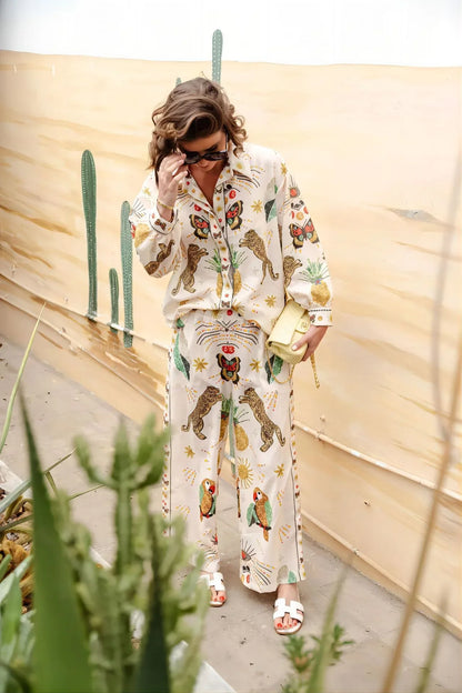 Macaron print linen coastal two piece outfit