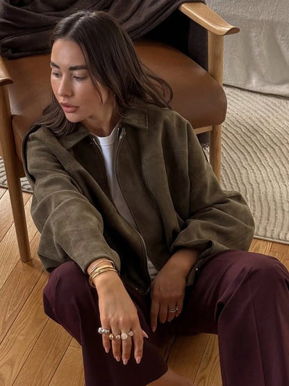 Women Faux Suede Textured Pilot Jacket Oversized